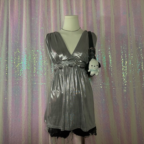 metallic silver deep cut formal babydoll tank top - Picture 1 of 7